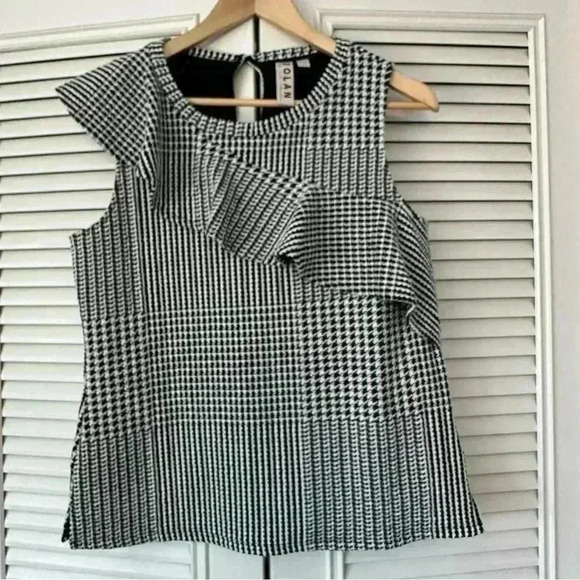 Anthropologie Dolan Callan Ruffled Tank Sleeveless Black White small houndstooth - Picture 6 of 14